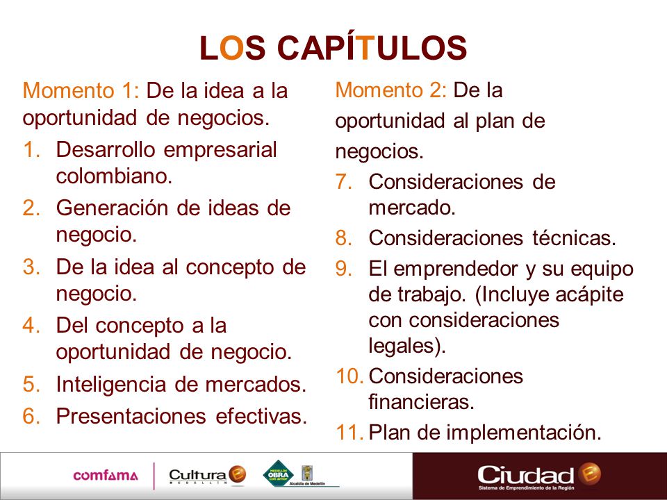 LOS CAPÍTULOS Momento 1: De la idea a la oportunidad de negocios.