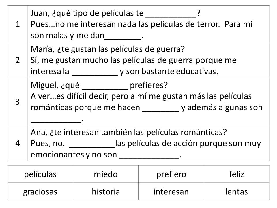 1 Juan, ¿qué tipo de películas te ___________ Pues…no me interesan nada las películas de terror. Para mí son malas y me dan________.