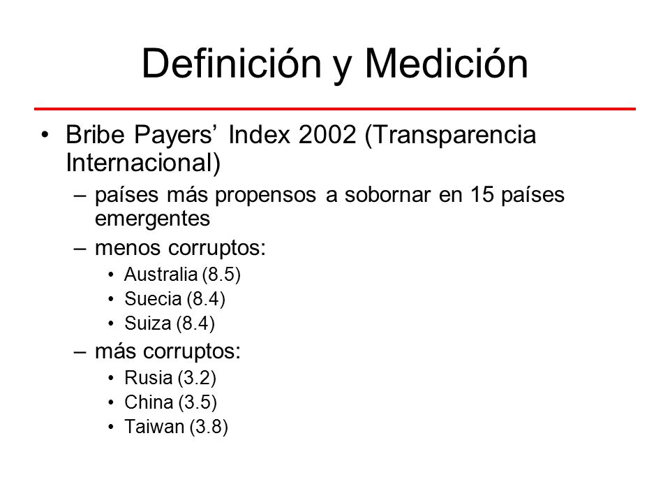 Definición y Medición Bribe Payers’ Index 2002 (Transparencia Internacional) países más propensos a sobornar en 15 países emergentes.