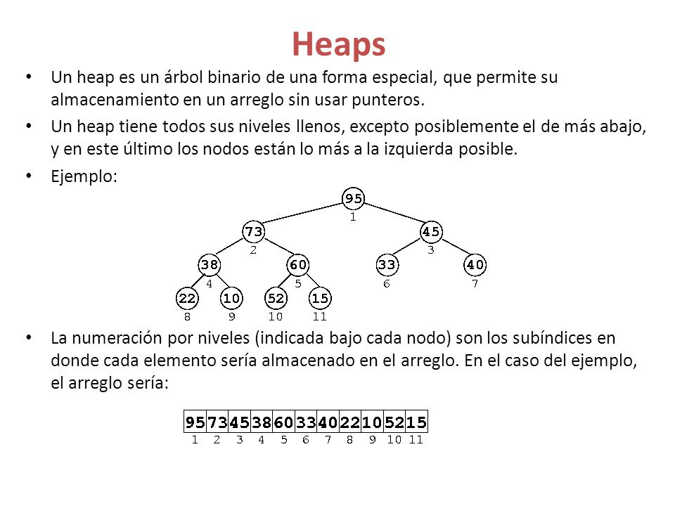 Heaps Un heap es un árbol binario de una forma especial, que permite su almacenamiento en un arreglo sin usar punteros.