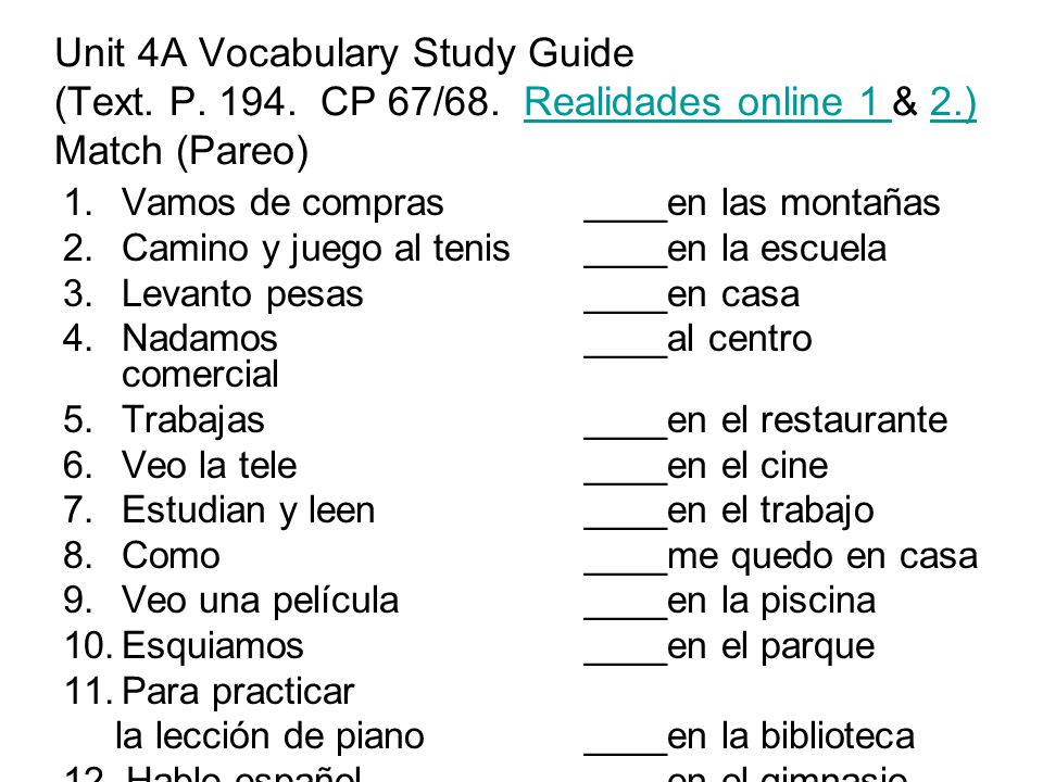 Unit 4A Vocabulary Study Guide (Text. P CP 67/68