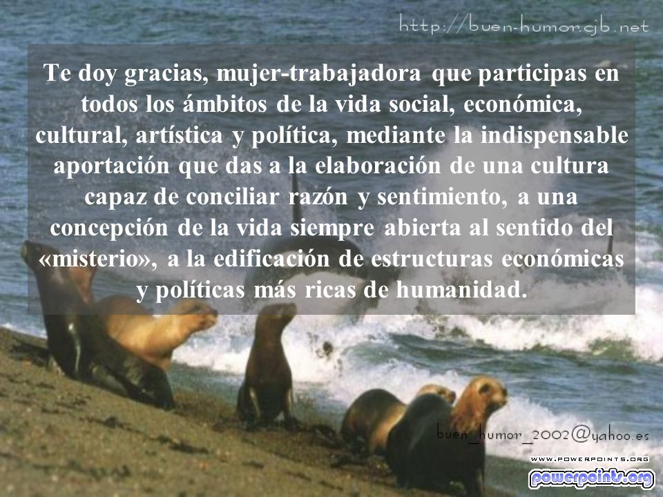 Te doy gracias, mujer-trabajadora que participas en todos los ámbitos de la vida social, económica, cultural, artística y política, mediante la indispensable aportación que das a la elaboración de una cultura capaz de conciliar razón y sentimiento, a una concepción de la vida siempre abierta al sentido del «misterio», a la edificación de estructuras económicas y políticas más ricas de humanidad.