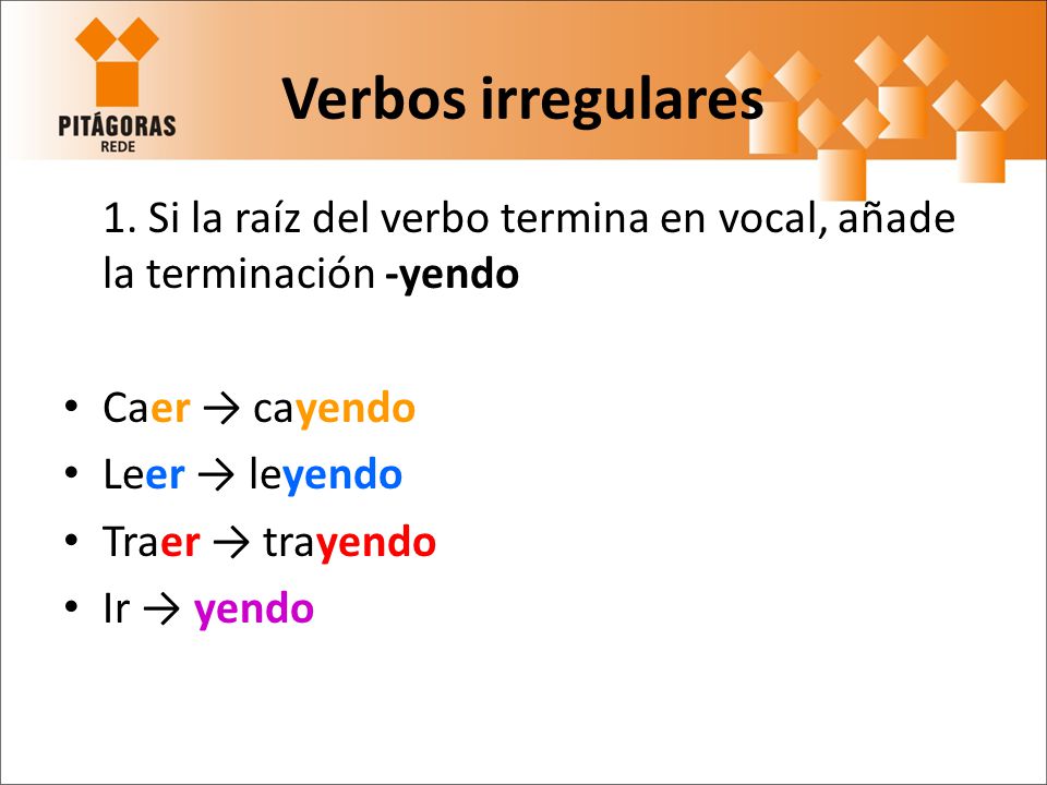 Verbos irregulares 1. Si la raíz del verbo termina en vocal, añade la terminación -yendo. Caer → cayendo.