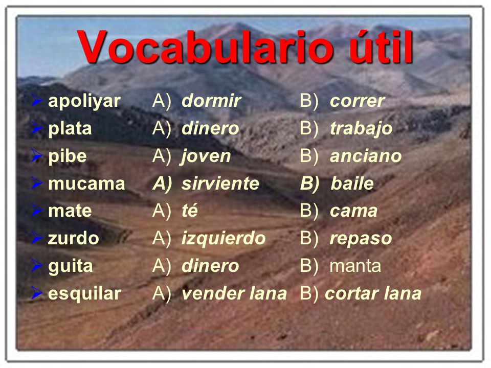Vocabulario útil apoliyar plata pibe mucama mate zurdo guita esquilar