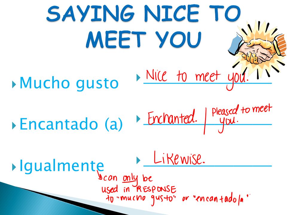 SAYING NICE TO MEET YOU ____________________ Mucho gusto Encantado (a)
