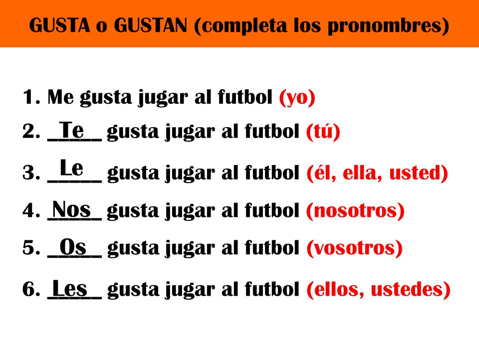 Presentación del tema: "GUSTA o GUSTAN (completa los pronombres)"...