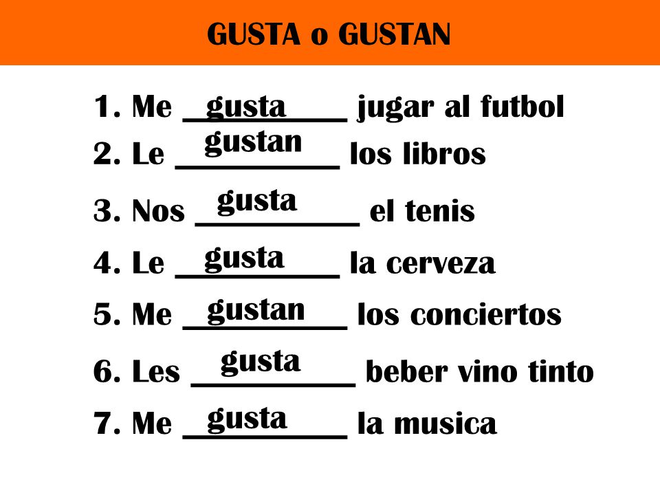 Presentación del tema: "GUSTA o GUSTAN (completa los pronombres)"...