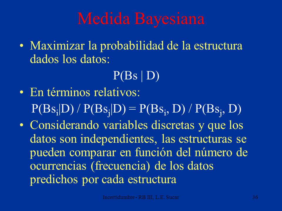 Medida Bayesiana Maximizar la probabilidad de la estructura dados los datos: P(Bs | D) En términos relativos: