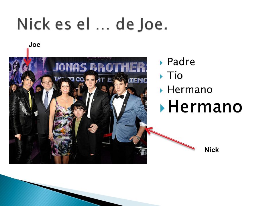 Nick es el … de Joe. Joe Padre Tío Hermano Nick
