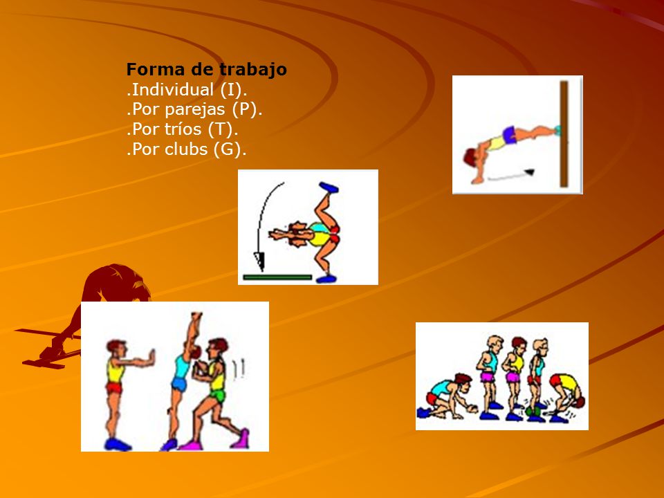 Forma de trabajo .Individual (I). .Por parejas (P). .Por tríos (T). .Por clubs (G).