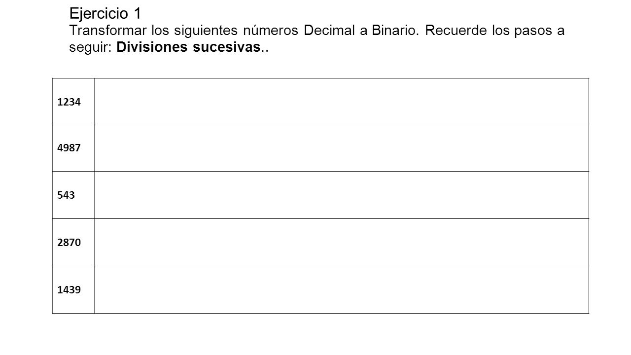 Ejercicio 1 Transformar los siguientes números Decimal a Binario