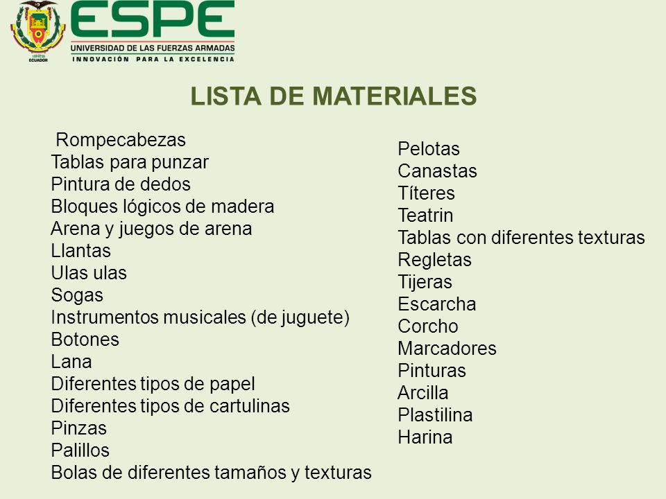 LISTA DE MATERIALES Rompecabezas Tablas para punzar Pelotas