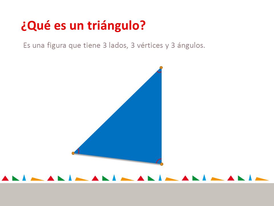 ¿Qué es un triángulo Es una figura que tiene 3 lados, 3 vértices y 3 ángulos.