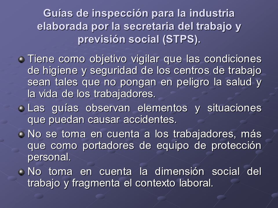 Guías de inspección para la industria elaborada por la secretaria del trabajo y previsión social (STPS).