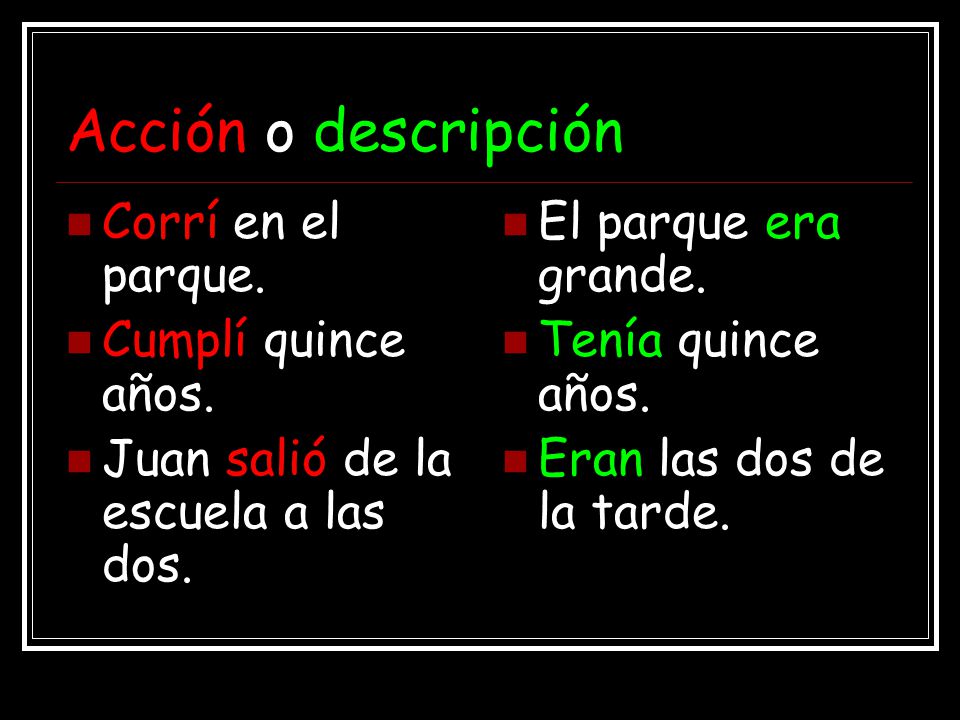 Acción o descripción Corrí en el parque. Cumplí quince años.