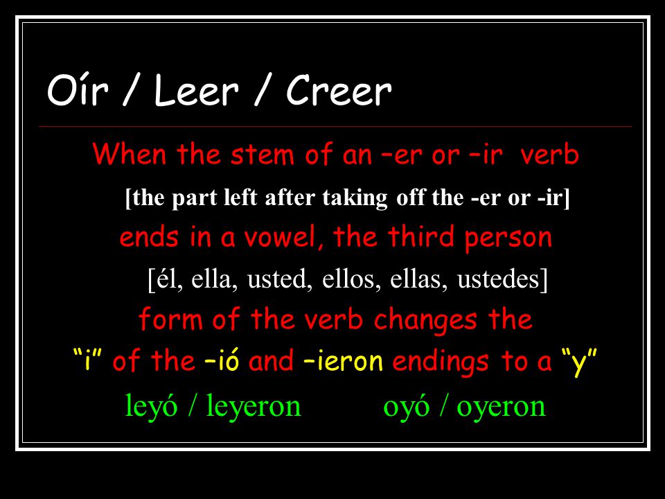 Oír / Leer / Creer leyó / leyeron oyó / oyeron
