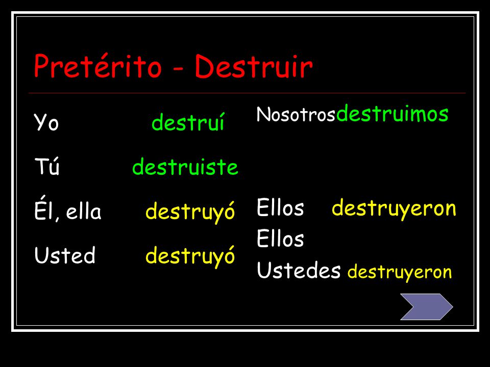 Pretérito - Destruir Yo destruí Tú destruiste Él, ella destruyó