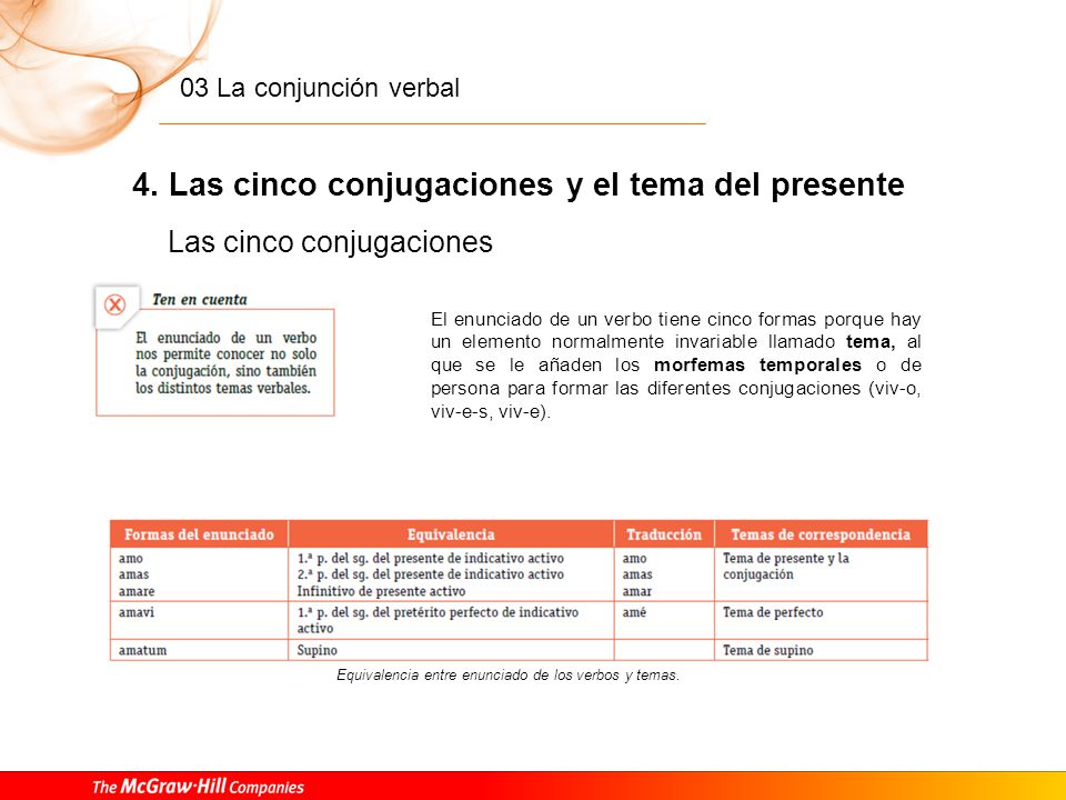 Enunciado y tema de presente de las cinco conjugaciones en latín.