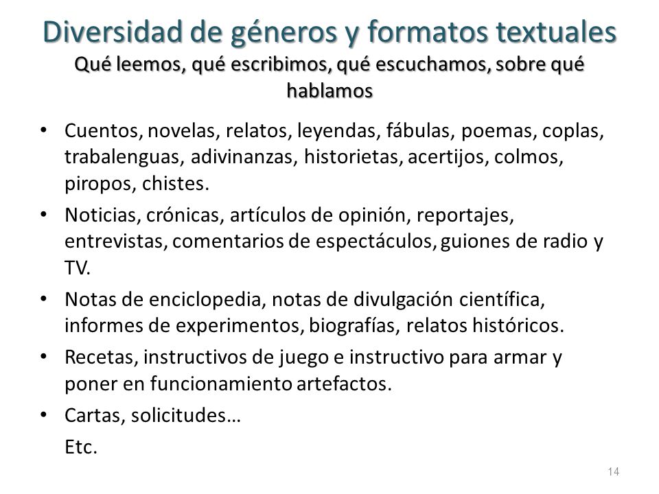 Diversidad de géneros y formatos textuales Qué leemos, qué escribimos, qué escuchamos, sobre qué hablamos