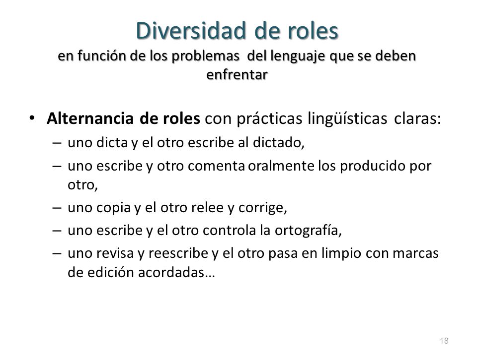Diversidad de roles en función de los problemas del lenguaje que se deben enfrentar