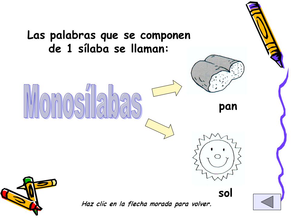 Monosílabas Las palabras que se componen de 1 sílaba se llaman: pan