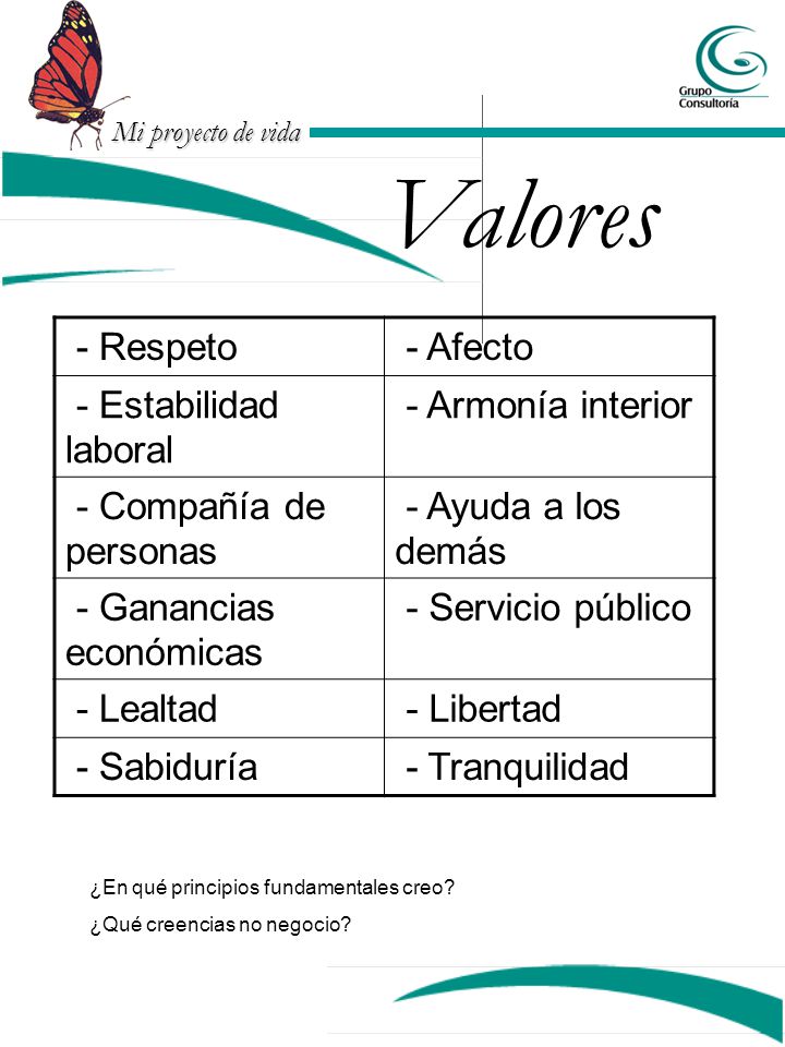 Valores - Respeto - Afecto - Estabilidad laboral - Armonía interior
