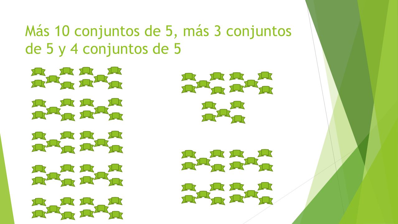 Más 10 conjuntos de 5, más 3 conjuntos de 5 y 4 conjuntos de 5