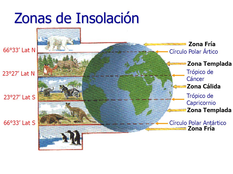 Zonas de Insolación Zona Fría 66°33’ Lat N Círculo Polar Ártico