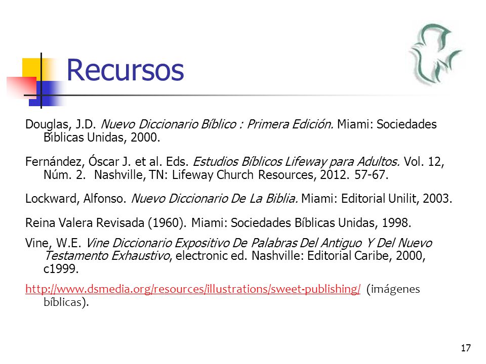 Recursos Douglas, J.D. Nuevo Diccionario Bíblico : Primera Edición. Miami: Sociedades Bı́blicas Unidas,