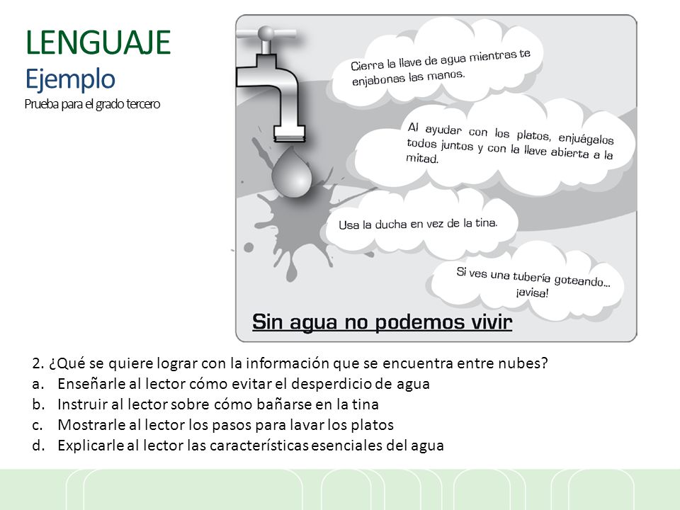LENGUAJE Ejemplo Prueba para el grado tercero. 2. ¿Qué se quiere lograr con la información que se encuentra entre nubes