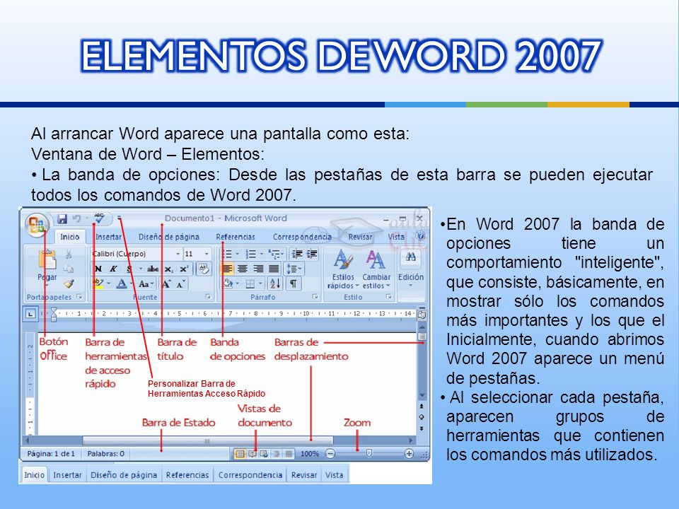 ELEMENTOS DE WORD 2007 Al arrancar Word aparece una pantalla como esta: Ventana de Word – Elementos: