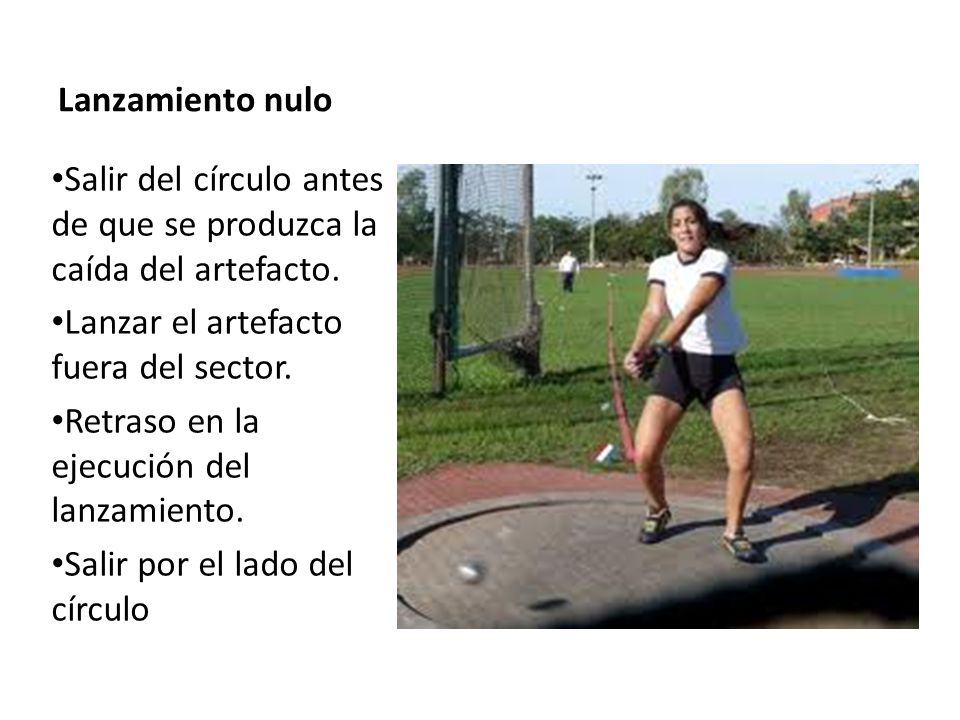 Lanzamiento nulo Salir del círculo antes de que se produzca la caída del artefacto. Lanzar el artefacto fuera del sector.