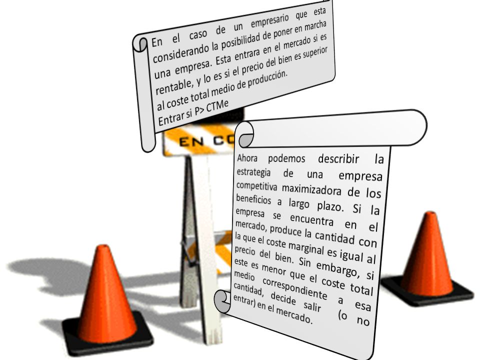En el caso de un empresario que esta considerando la posibilidad de poner en marcha una empresa. Esta entrara en el mercado si es rentable, y lo es si el precio del bien es superior al coste total medio de producción.