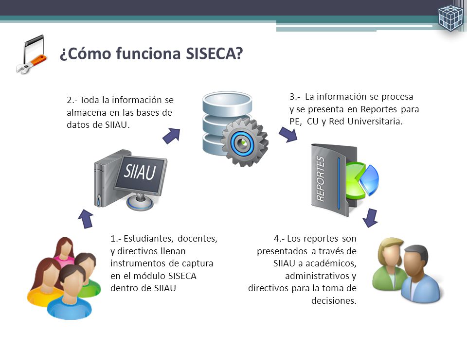 ¿Cómo funciona SISECA 3.- La información se procesa y se presenta en Reportes para PE, CU y Red Universitaria.
