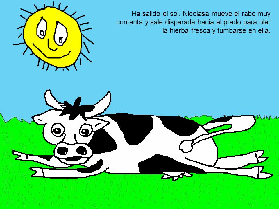 Ha salido el sol, Nicolasa mueve el rabo muy contenta y sale disparada hacia el prado para oler la hierba fresca y tumbarse en ella.