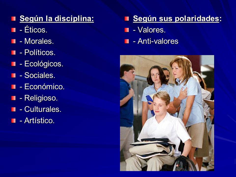 Según la disciplina: - Éticos. - Morales. - Políticos. - Ecológicos. - Sociales. - Económico. - Religioso.