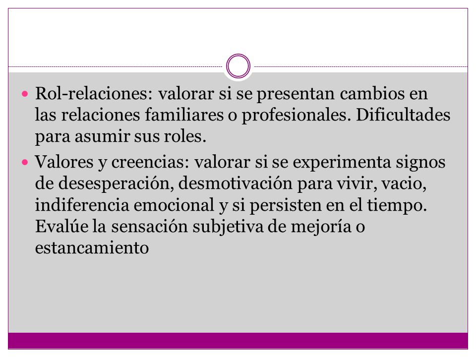 Rol-relaciones: valorar si se presentan cambios en las relaciones familiares o profesionales. Dificultades para asumir sus roles.