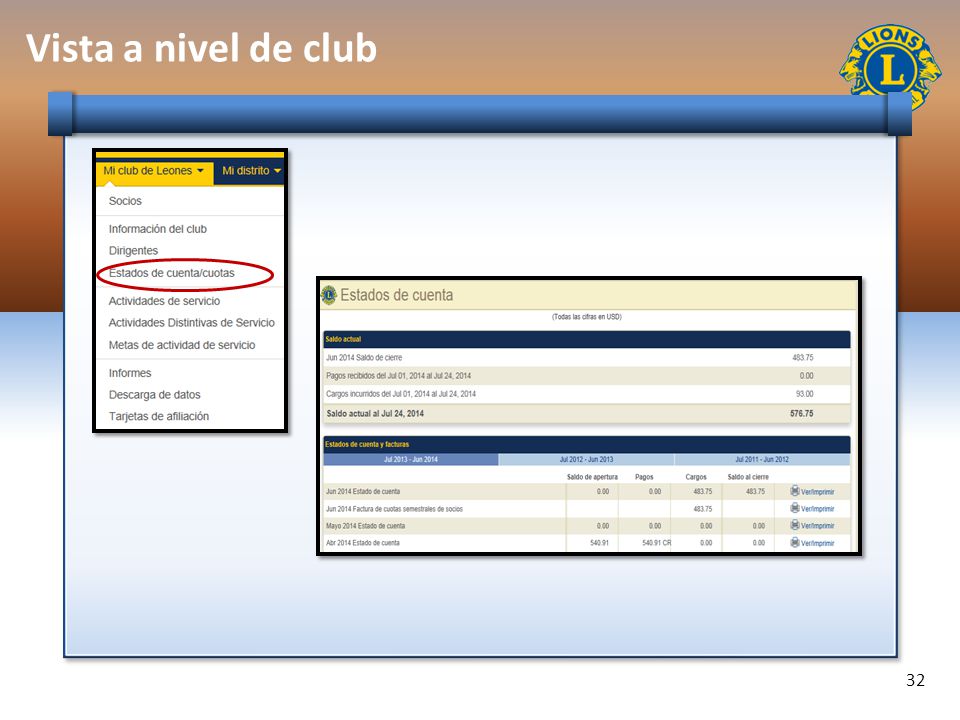 Vista a nivel de club EGD Felix Palomino: Dentro de la página de mi club puedo ver los estados de cuenta de mi club.