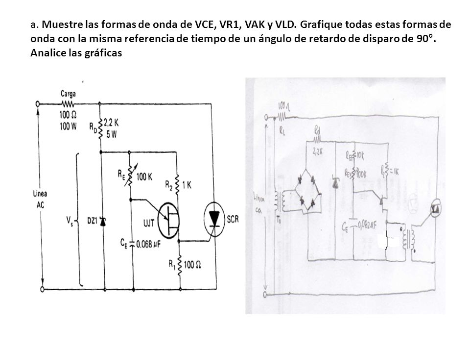 a. Muestre las formas de onda de VCE, VR1, VAK y VLD