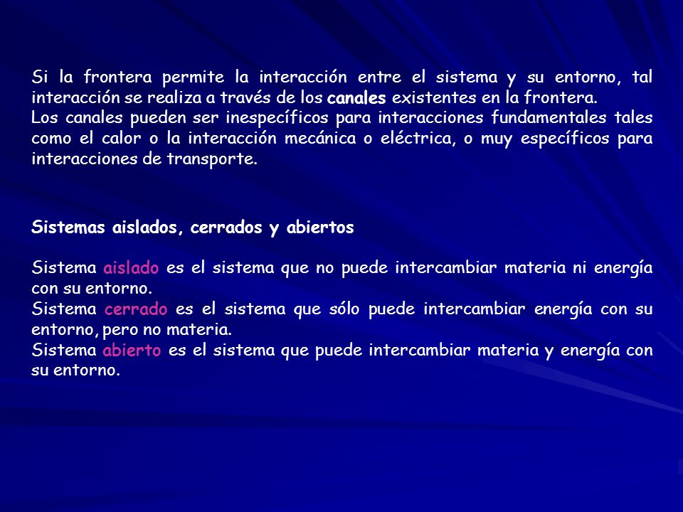 Si la frontera permite la interacción entre el sistema y su entorno, tal interacción se realiza a través de los canales existentes en la frontera.