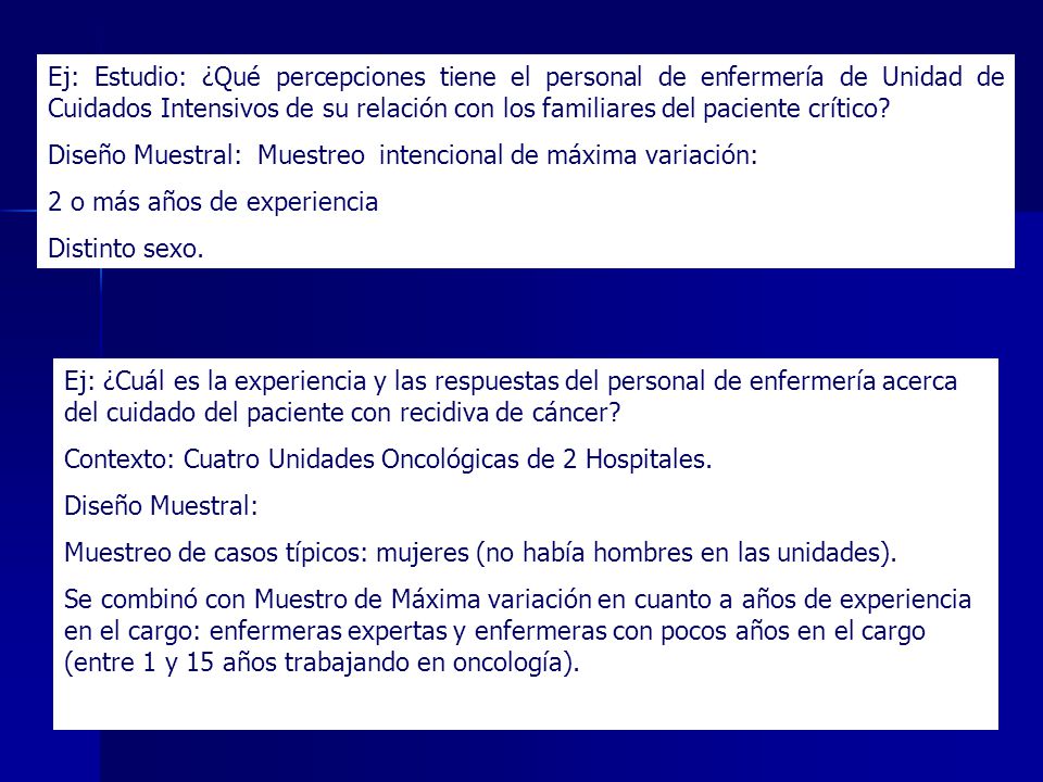 Ej: Estudio: ¿Qué percepciones tiene el personal de enfermería de Unidad de Cuidados Intensivos de su relación con los familiares del paciente crítico