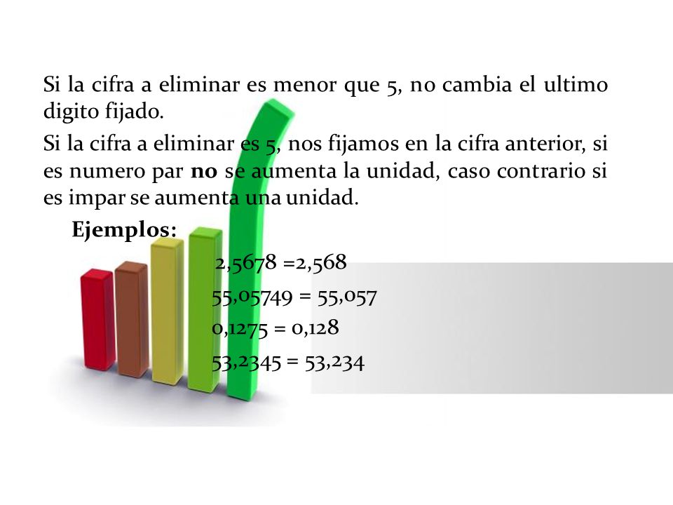 Si la cifra a eliminar es menor que 5, no cambia el ultimo digito fijado.