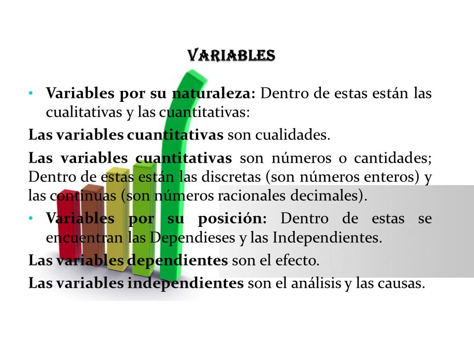 variables Variables por su naturaleza: Dentro de estas están las cualitativas y las cuantitativas: Las variables cuantitativas son cualidades.