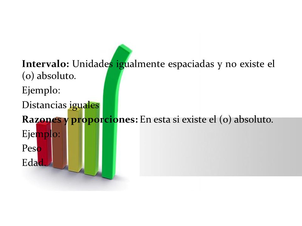 Intervalo: Unidades igualmente espaciadas y no existe el (0) absoluto.