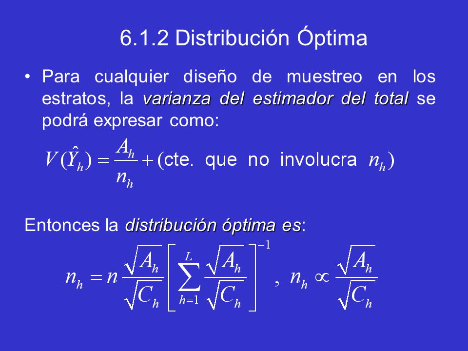 6.1.2 Distribución Óptima Para cualquier diseño de muestreo en los estratos, la varianza del estimador del total se podrá expresar como: