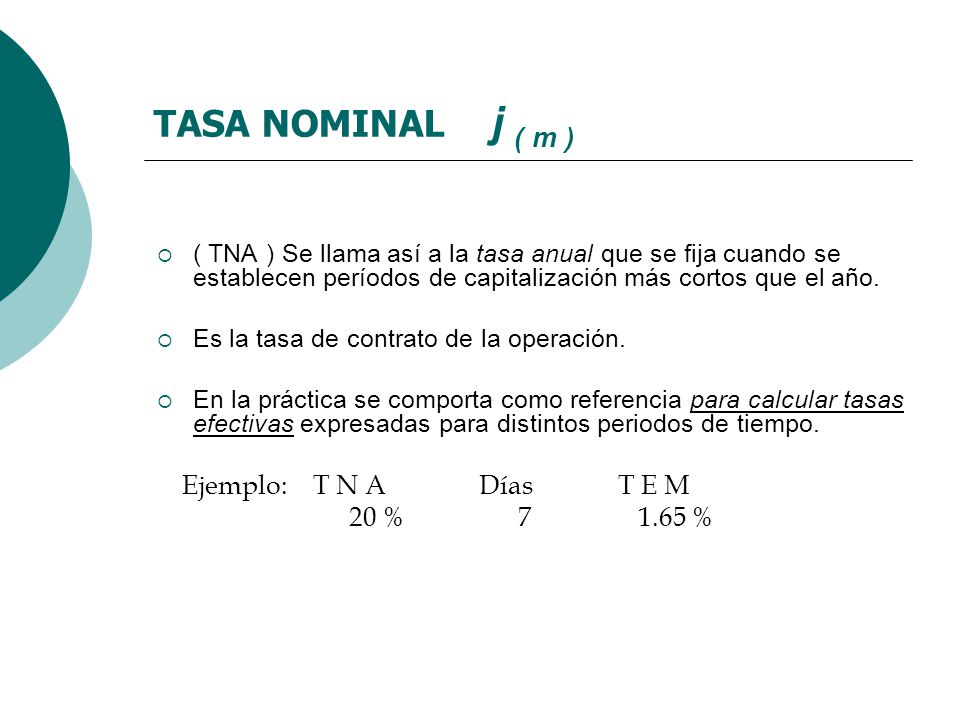 TASA NOMINAL j ( m ) ( TNA ) Se llama así a la tasa anual que se fija cuando se establecen períodos de capitalización más cortos que el año.