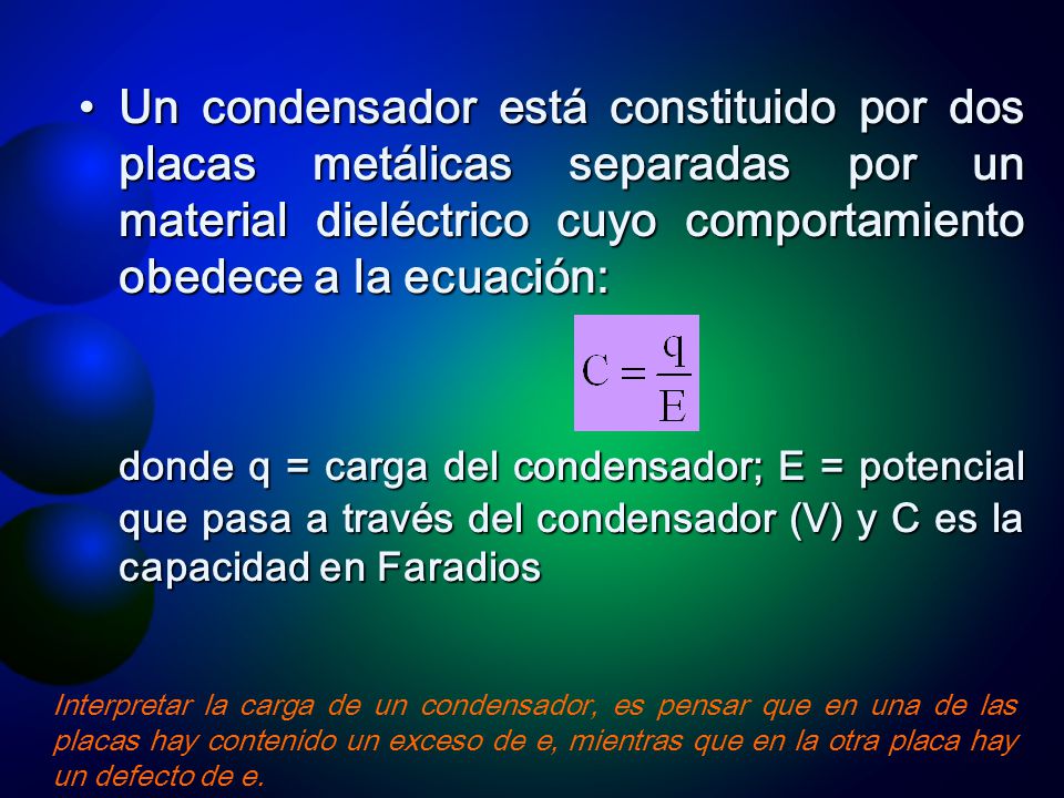 Un condensador está constituido por dos placas metálicas separadas por un material dieléctrico cuyo comportamiento obedece a la ecuación: