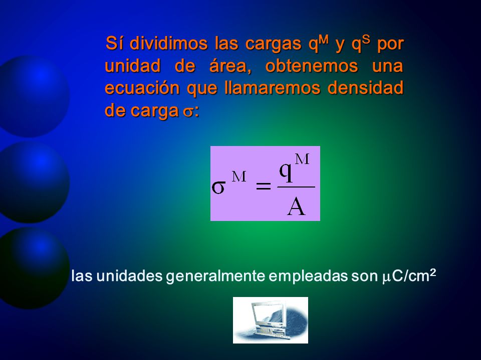 Sí dividimos las cargas qM y qS por unidad de área, obtenemos una ecuación que llamaremos densidad de carga :