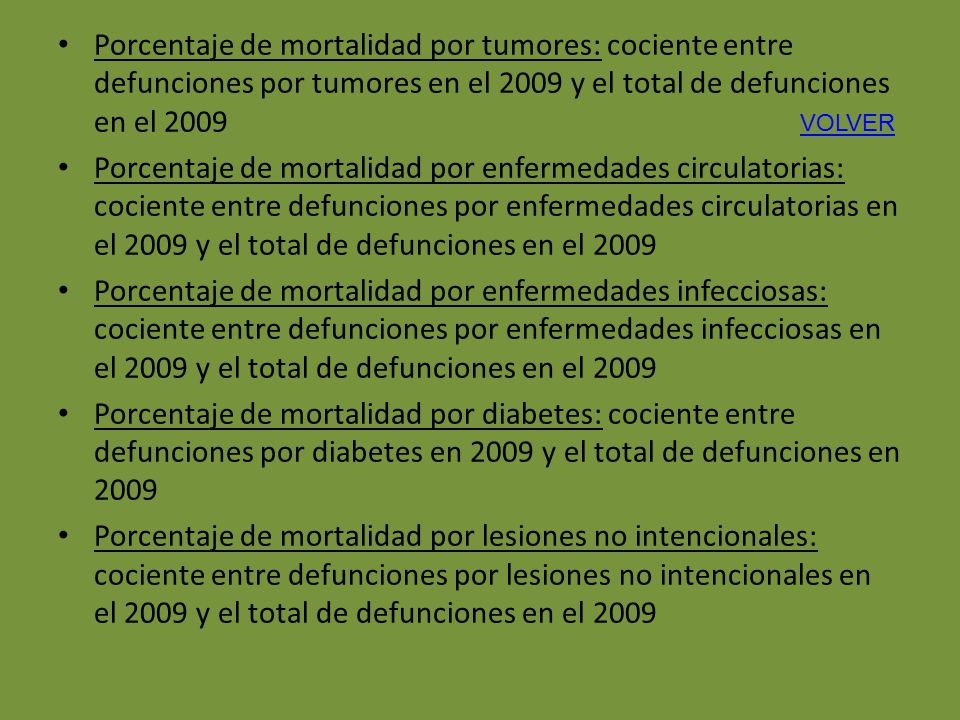 Porcentaje de mortalidad por tumores: cociente entre defunciones por tumores en el 2009 y el total de defunciones en el 2009