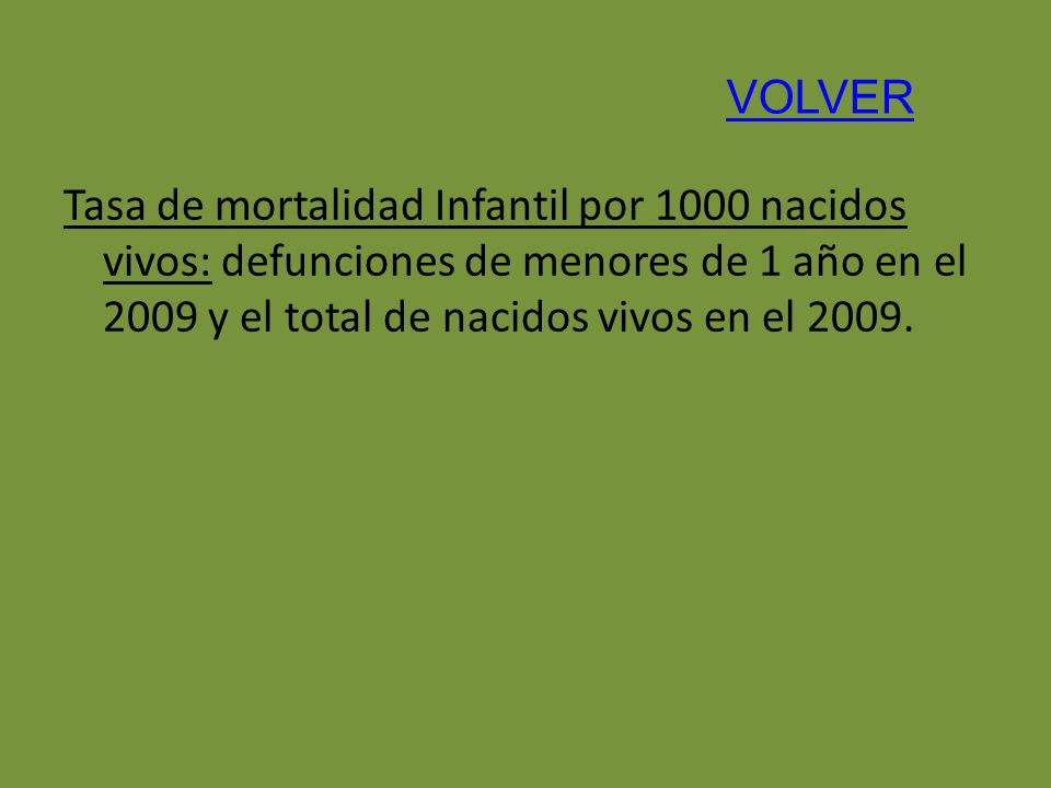 VOLVER Tasa de mortalidad Infantil por 1000 nacidos vivos: defunciones de menores de 1 año en el 2009 y el total de nacidos vivos en el